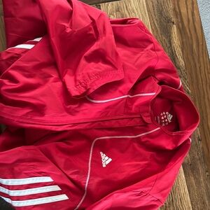 Adidas Red Raincoat with White Stripes and Full-Zip